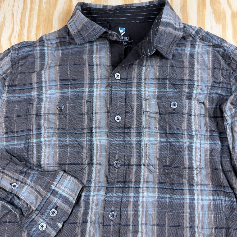 Kuhl Mens Small Plaid Long Sleeve Button Down Shirt Grey Blue Hiking Outdoor